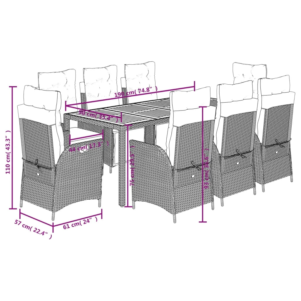 Set da Pranzo da Giardino 9 pz con Cuscini Nero in Polyrattan