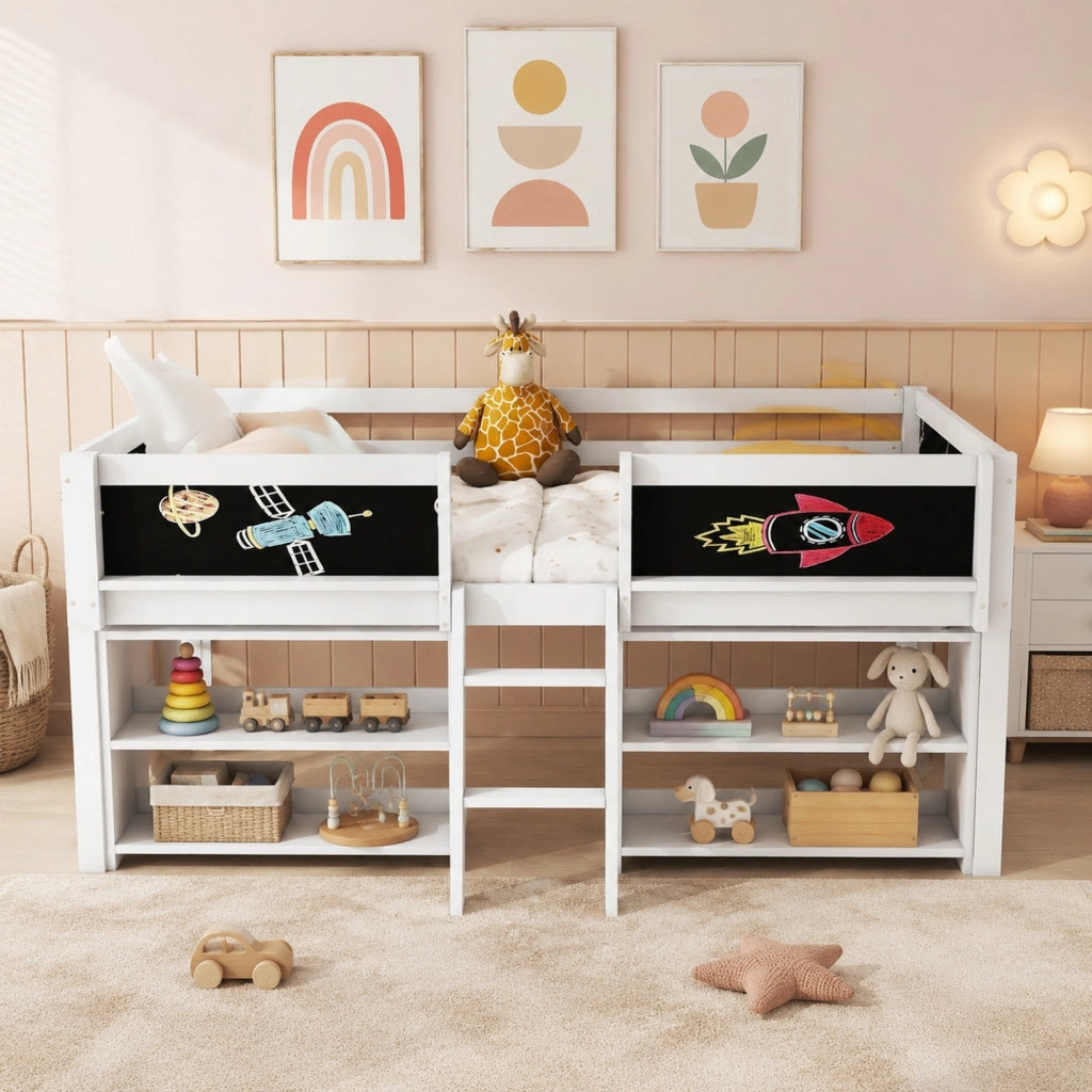 DESMIU Letto Bambino Semialto 1 Posto con Ripiani, Sponde e Scala 90 × 200 cm, senza materasso, Bianco