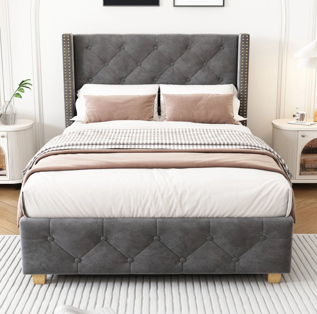 Letto imbottito 90x200 cm in velluto grigio con testiera e rete a doghe