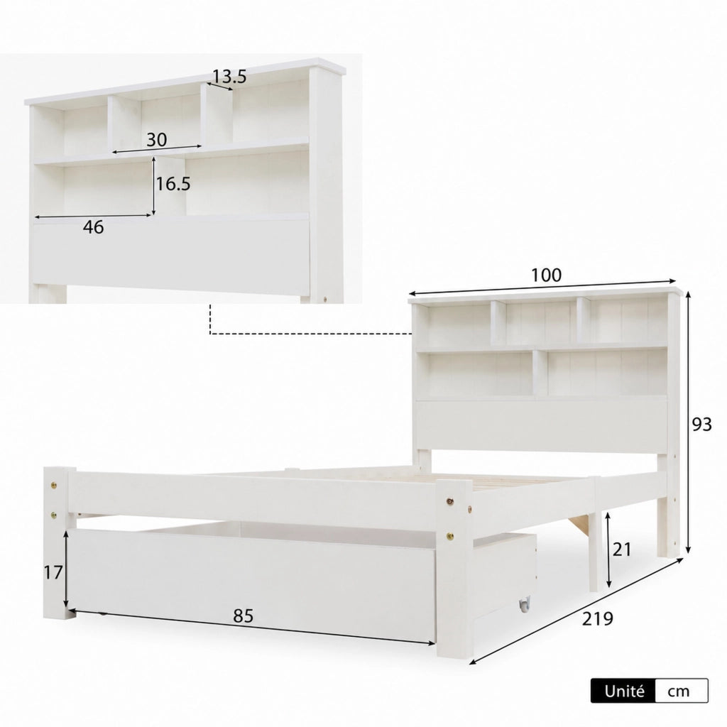 DESMIU Letto con Cassetti Letto Singolo 1 Posto con Contenitore e Testiera Libreria 90 × 200 cm, Senza Materasso