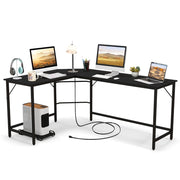 Scrivania ad angolo a L con presa di corrente, Scrivania per computer da 168cm con supporto CPU e telaio in metallo Nero-Scrivanie