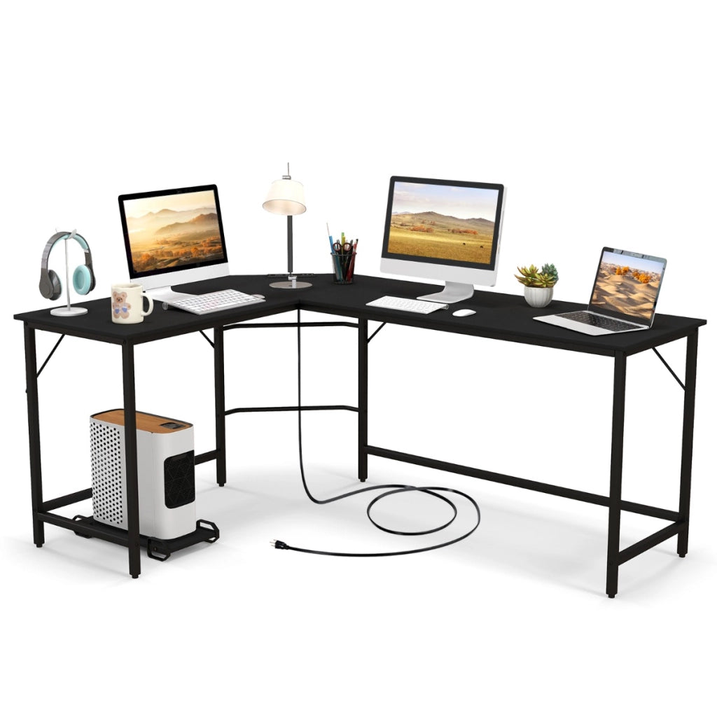 Scrivania ad angolo a L con presa di corrente, Scrivania per computer da 168cm con supporto CPU e telaio in metallo Nero-Scrivanie