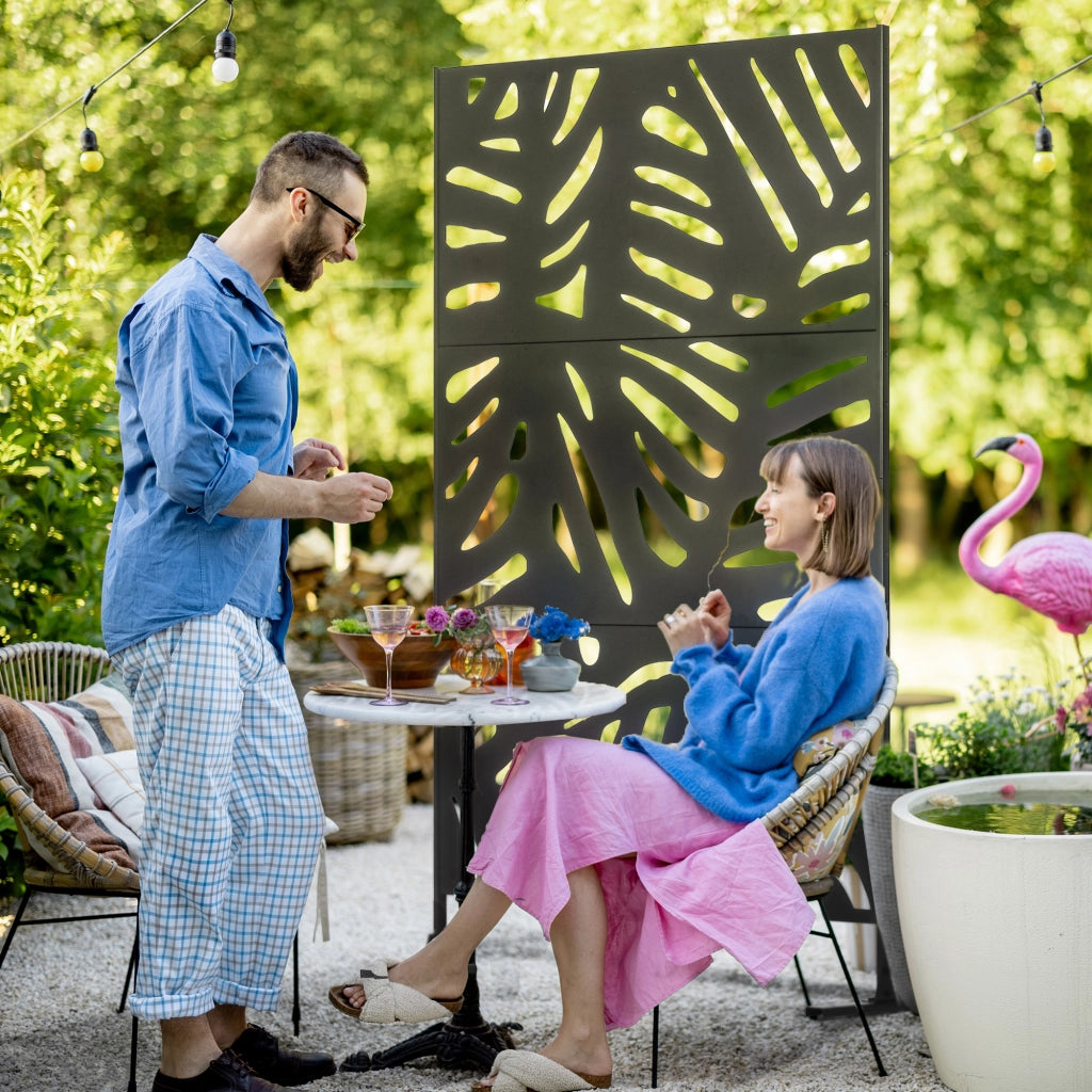 Separ¨¦ a 3 Ante Verticali in Acciaio con Motivo Tropicale, 122x45x198 cm, Nero