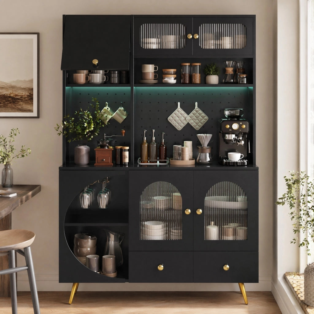 Colonna da cucina con LED e prese USB, cassetto e ante semicircolari in MDF e vetro nero 120 × 40 × 176 cm