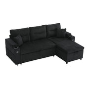 Divano letto 3 posti con chaise longue contenitore; USB-C e portabicchieri in nero