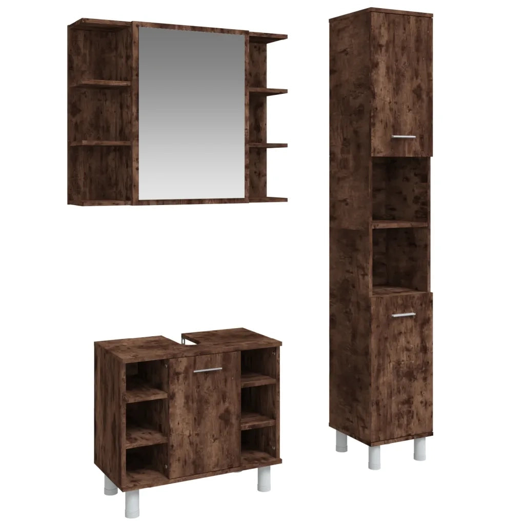 Set Mobili da Bagno | Armadio da bagno 3 pz Rovere Fumo in Legno Multistrato