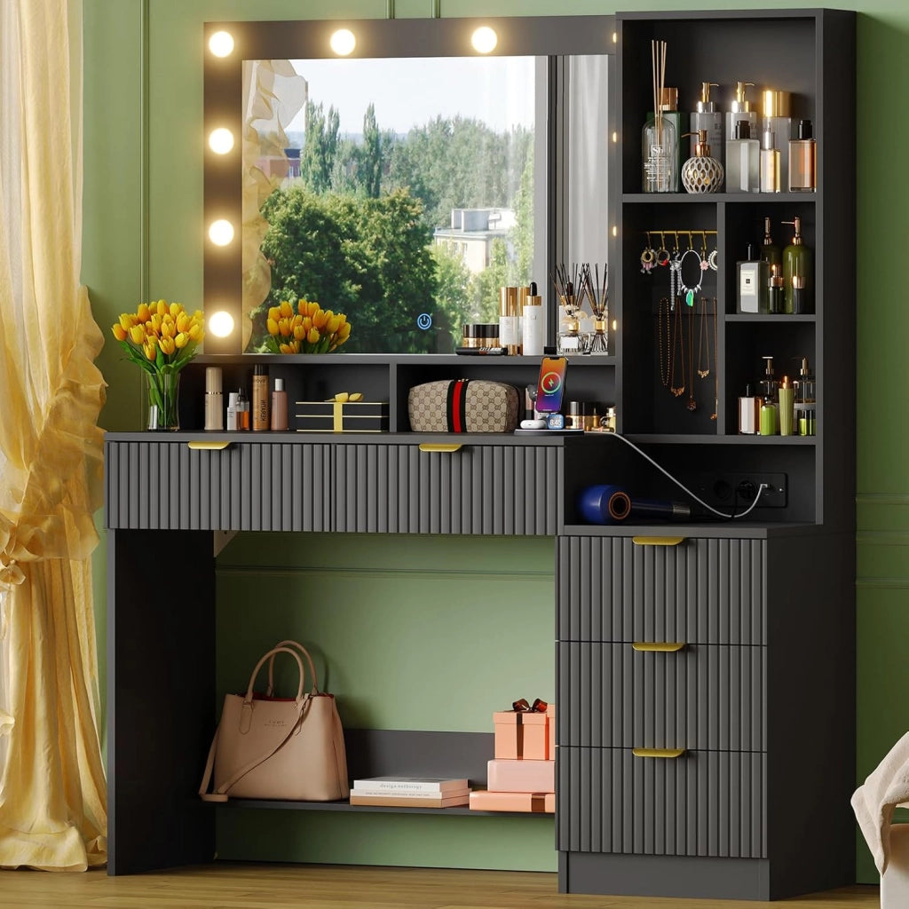 Toeletta da Trucco con 10 Luce LED,Tavolo da Trucco con Specchio e Prese,Postazione Trucco con 5 Cassetti,Ripiani Aperti e Ganci per Gioielli,Moderno (Bianco)
