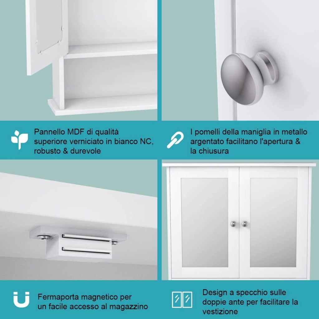 Armadietto da Bagno con Specchio, Armadietto da Parete con Ripiano Regolabile, Mobile da Parete per Bagno, 56 x 12,5 x 58 cm (Bianco)