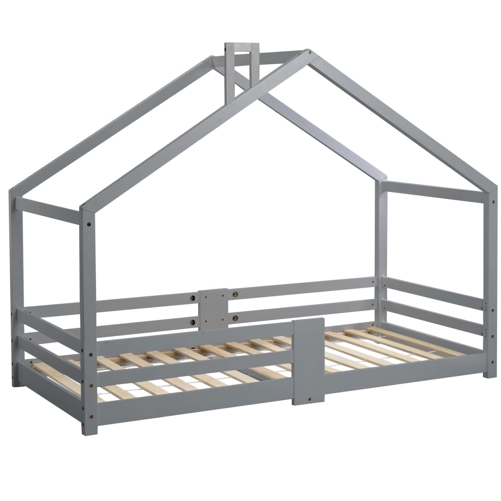 Letto Casetta Letto Singolo 90×200 cm con Sponde di Sicurezza e Tetto con Camino; senza Materasso; Grigio