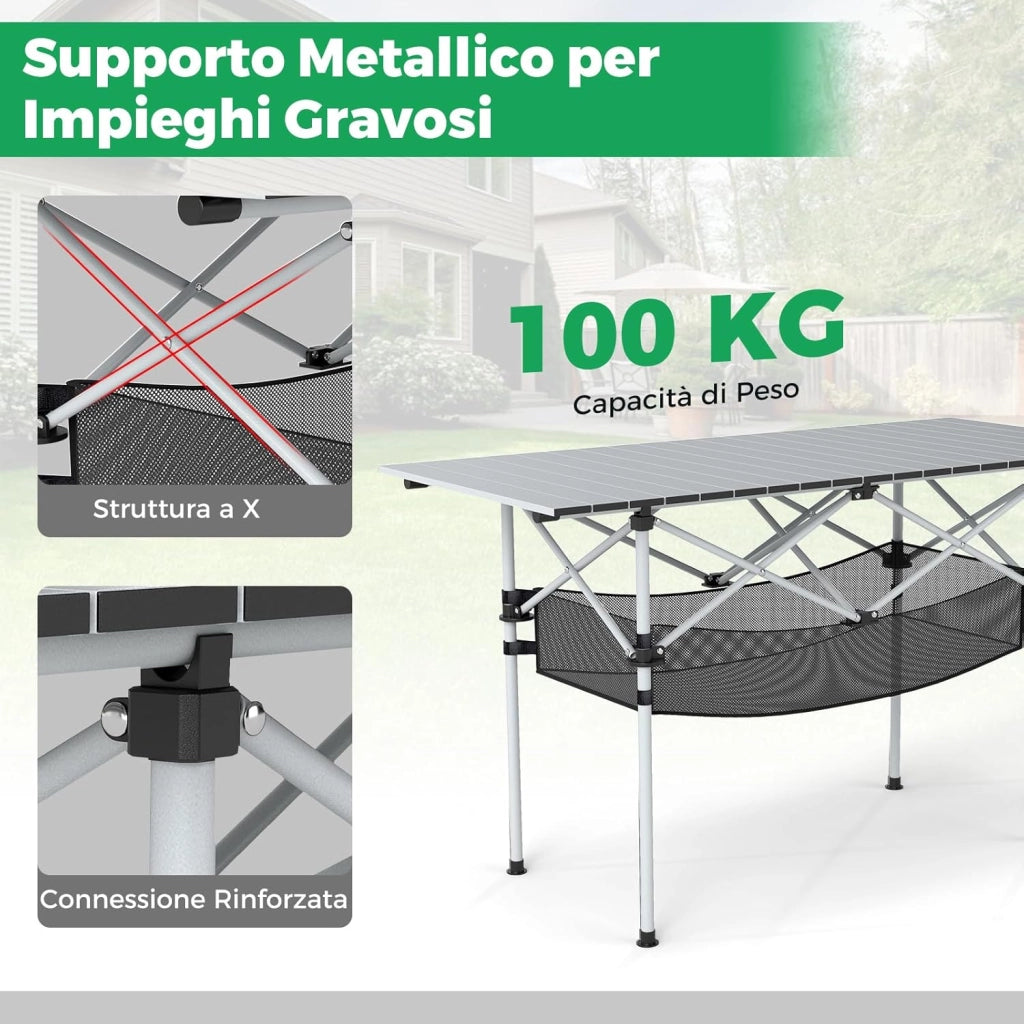 Tavolo da Campeggio Pieghevole in Alluminio, Portatile con Cestello in Rete e Borsa, Portata 100kg per Giardino Spiaggia Pesca (Argenteo)