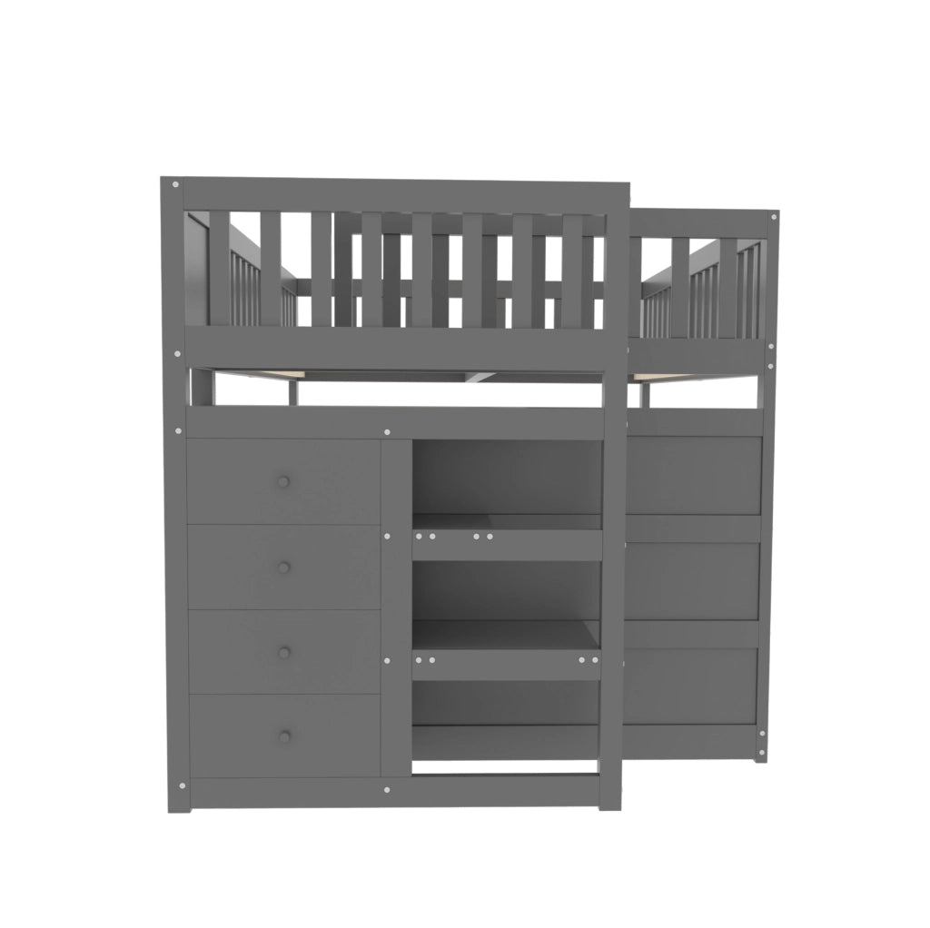 Letto a castello basso 140x200 cm con 4 cassetti e scala in legno; grigio