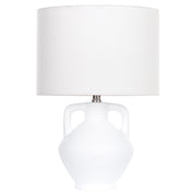 Lampada da tavolo in ceramica bianca con paralume a tamburo in lino base minimalista stile design contemporaneo