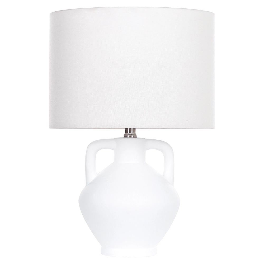 Lampada da tavolo in ceramica bianca con paralume a tamburo in lino base minimalista stile design contemporaneo