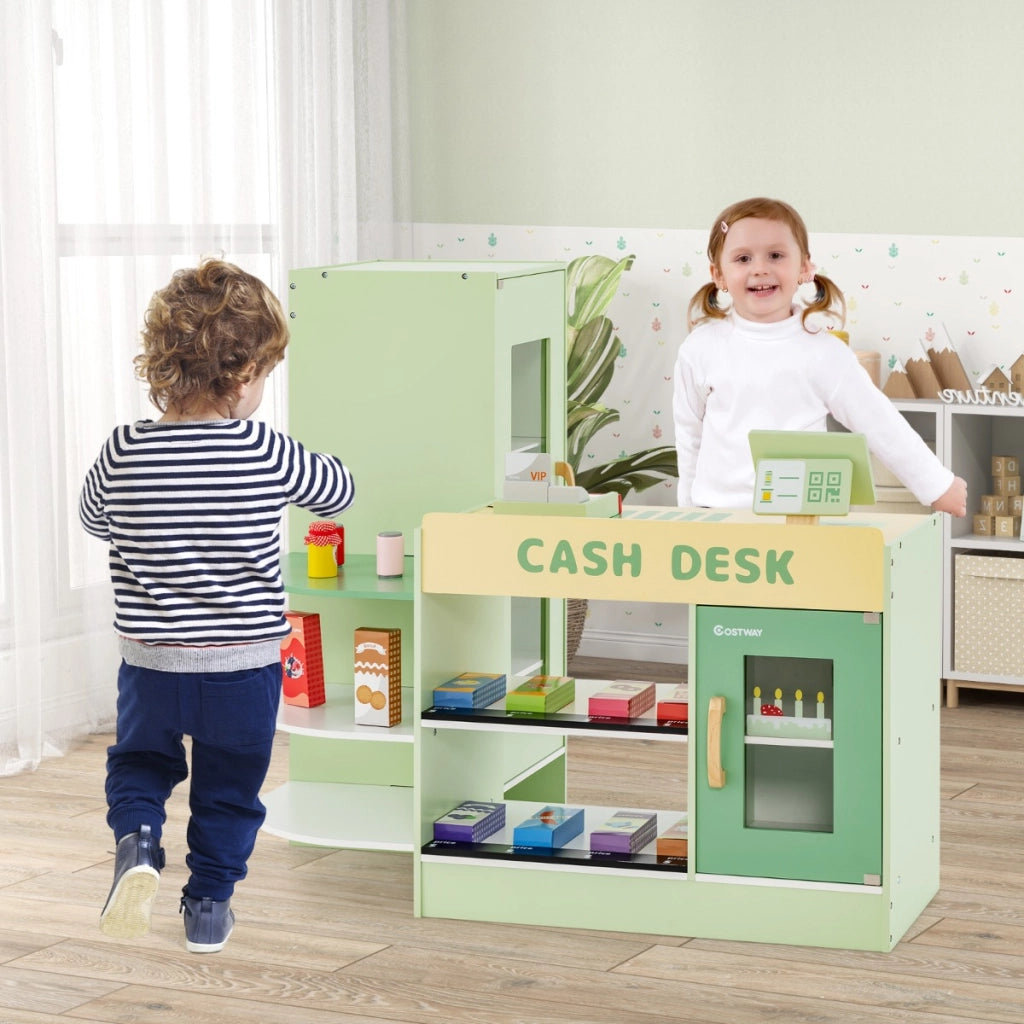 Set di giocattoli in legno per il supermercato, Playset per bambini con bancone cassa POS distributore automatico Verde-Case e cucine giocattoli