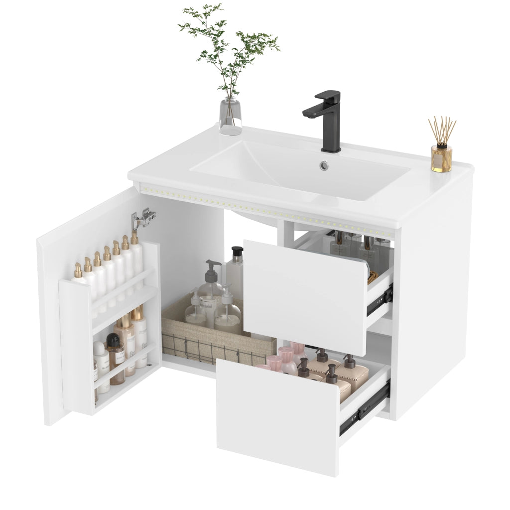 Mobile sottolavabo con 2 cassetti, LED a sensore radar, lavabo in ceramica, per bagno, bianco, 76 × 46 × 50 cm