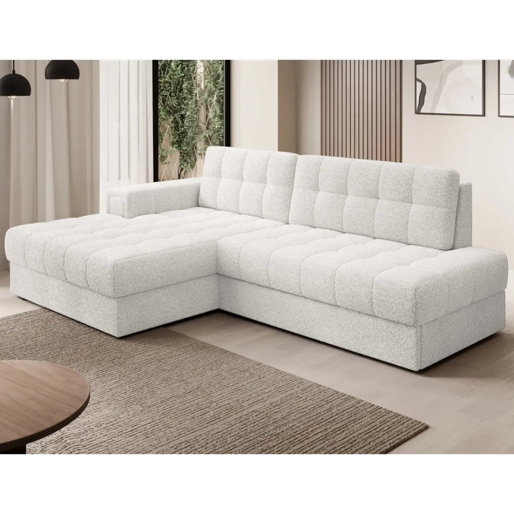Divano angolare convertibile CUBITO bianco bouclé 240 cm con contenitore e letto