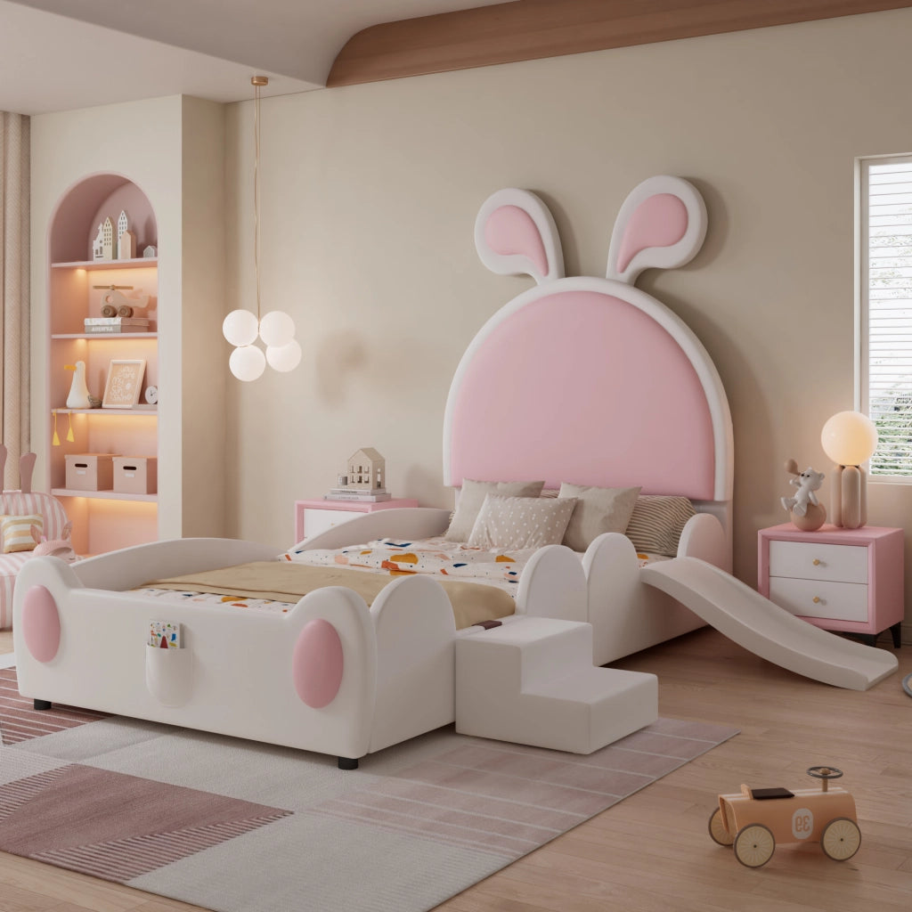 Letto enfant 90×200 cm con scivolo; piccola scala e testiera con orecchie da coniglio; senza materasso