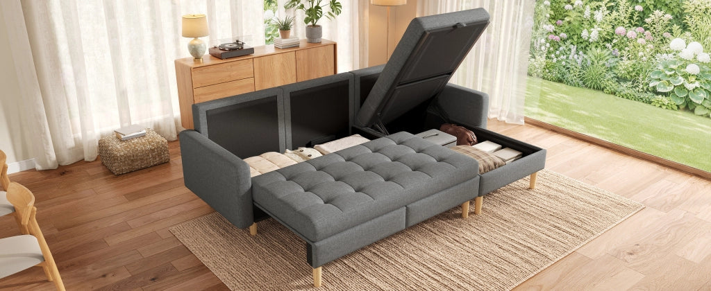 Divano angolare reversibile con chaise longue e doppio vano contenitore in tessuto grigio 212 × 130 × 86 cm