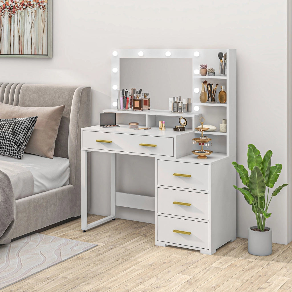Tavolo da Trucco in Legno 100x40x138 cm con 4 Cassetti 6 Ripiani Aperti e Specchio Bianco