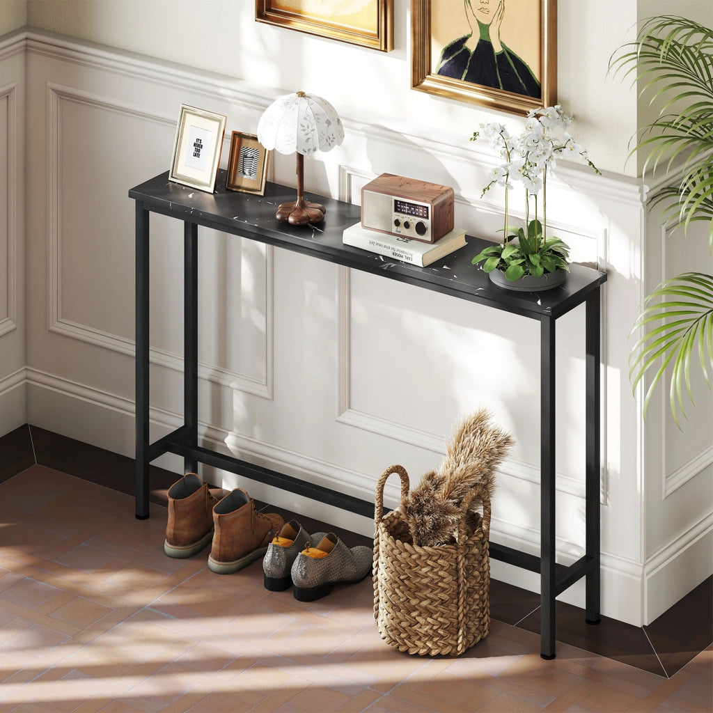 Consolle Ingresso Stretto con Piano Effetto Marmo e Struttura in Metallo ¨C Minimal ¨C 100x20x66 cm Nero