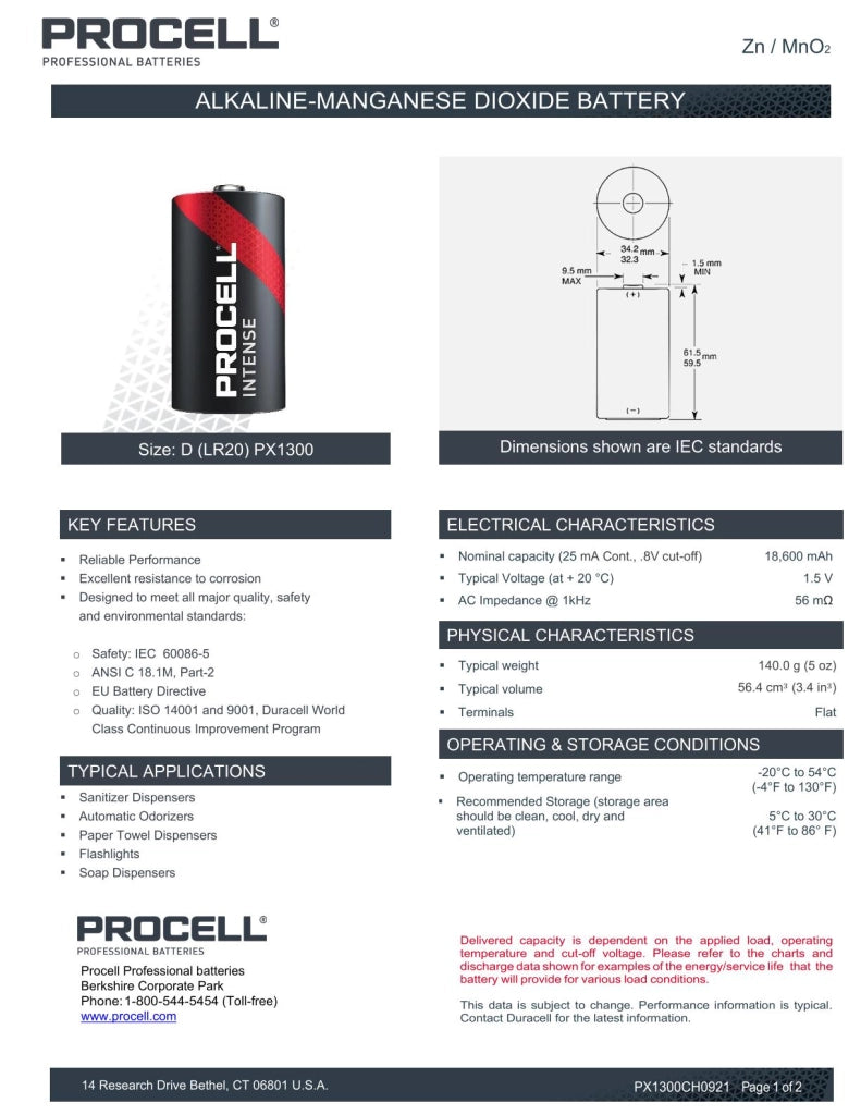 Batterie Alcaline Procell Intense D LR20 Professionali Confezione da 10 Pz Alta Durata