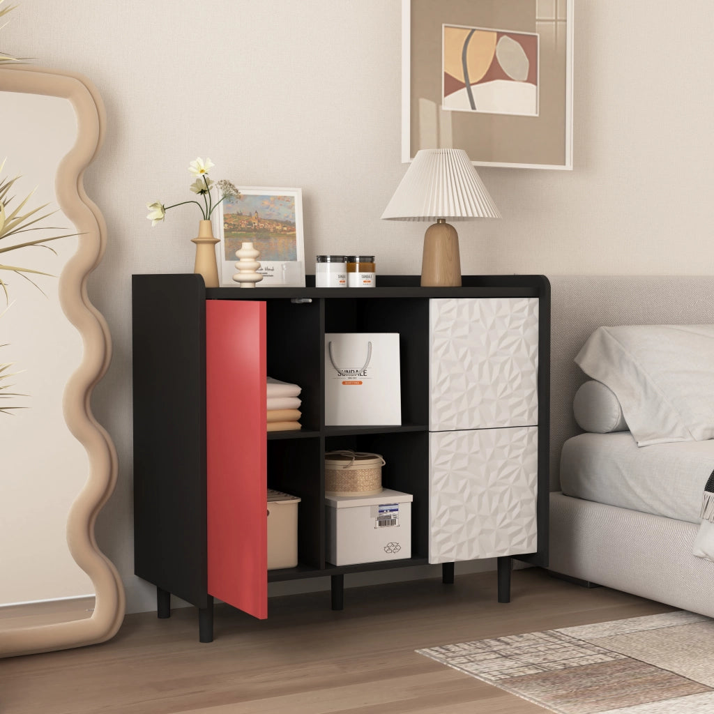 Credenza con 2 Cassetti; 2 Vani a Giorno e 2 Ante; Stile Moderno; in MDF; Nero e Rosso; 90??40??80 cm