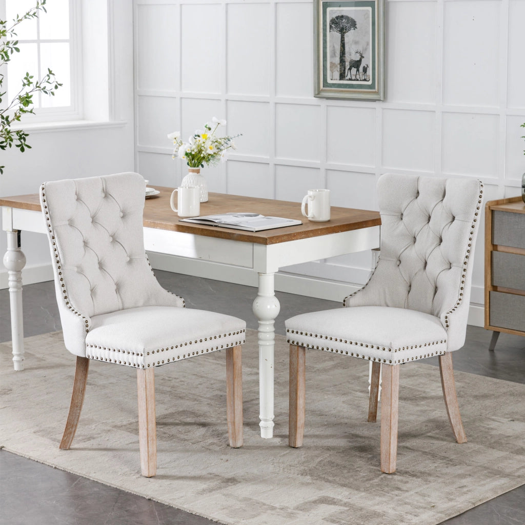 Sedie da Pranzo Imbottite in Lino con Gambe in Legno Massello, Set 2 Pezzi ¨C Xylo ¨C Beige