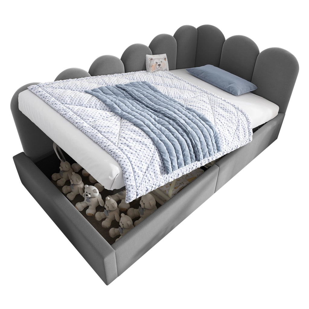OKWISH Letto a Divano 90×200 cm, Letto Singolo con Contenitore Idraulico, Spondine e Testiera, senza Materasso, in Velluto, Grigio