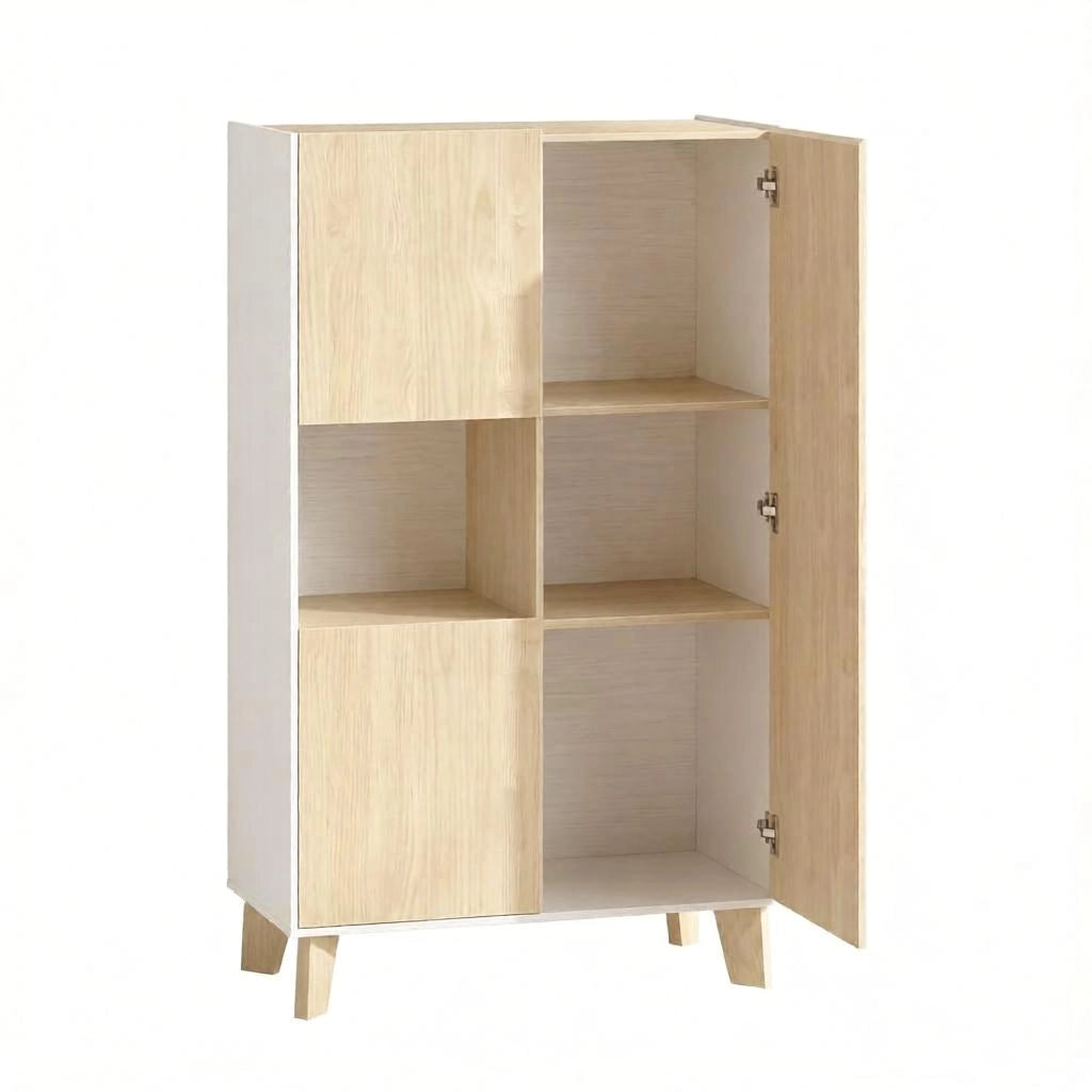 Credenza e madia con 5 vani e chiusura ammortizzata, per soggiorno, bianco e rovere chiaro, 80 × 40 × 135 cm