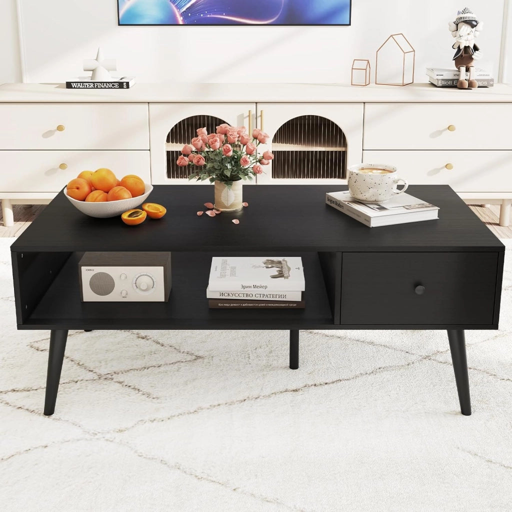 Tavolino da salotto in stile industriale, stile vintage, tavolino da caffè con 1 cassetto e 1 spazio aperto, per TV, con 4 gambe di pino, 109 x 55 x 44,5 cm (antracite)