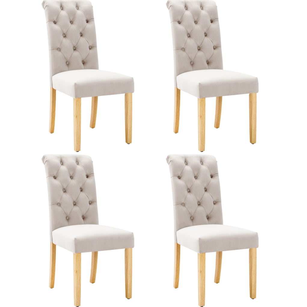 Set di 4 sedie da pranzo in velluto con gambe in legno di quercia; beige
