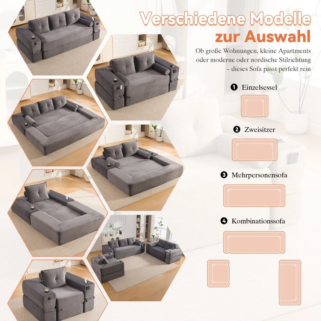 Divano letto convertibile modulare a 3 posti con tasche laterali e porta bicchieri in velluto a coste grigio scuro