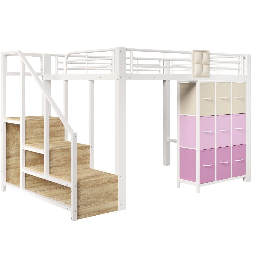 Letto a soppalco 140x200 cm in metallo e MDF; con cassetti; armadio e scala; bianco