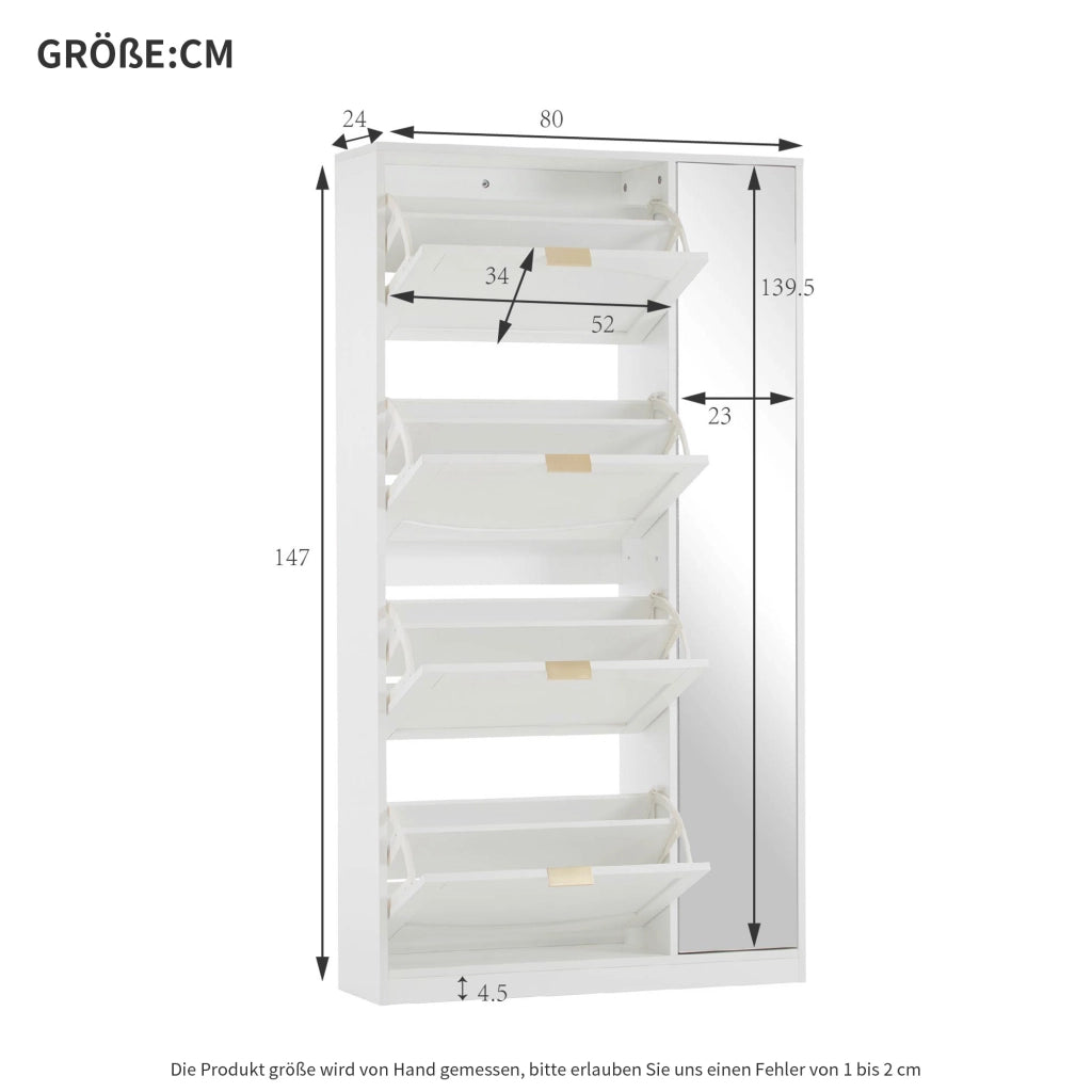 Mobile portascarpe con specchio, 4 vani contenitore estraibili, ripiani regolabili, bianco, 80x24x147 cm