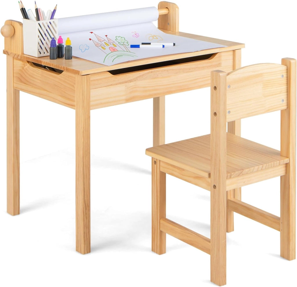 Set Tavolo e Sedia d’Arte per Bambini 3+ Anni, Scrivania in Legno di Pino da Disegno con Portarotolo, Piano Ribaltabile & Vano Portaoggetti, Rotolo di Carta (10m) e 2 Pennarelli (Naturale)