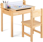 Set Tavolo e Sedia d’Arte per Bambini 3+ Anni, Scrivania in Legno di Pino da Disegno con Portarotolo, Piano Ribaltabile & Vano Portaoggetti, Rotolo di Carta (10m) e 2 Pennarelli (Naturale)