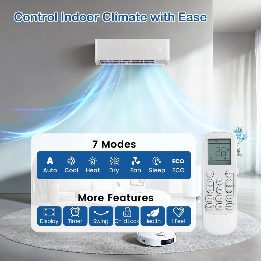 Split Condizionatore 12000 BTU Inverter R32 A++, Climatizzatore Eco, Riscaldamento/Raffreddamento/Deumidificazione, 7 Modalità, 8 Velocità del Ventilatore, Timer 24 Ore, Accessori Inclusi