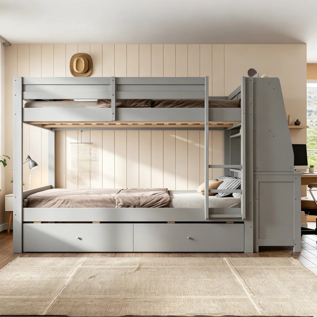 Letto a Castello 140 x 200 cm; 2 Posti con Scrivania; Armadio e 2 Cassetti - Grigio