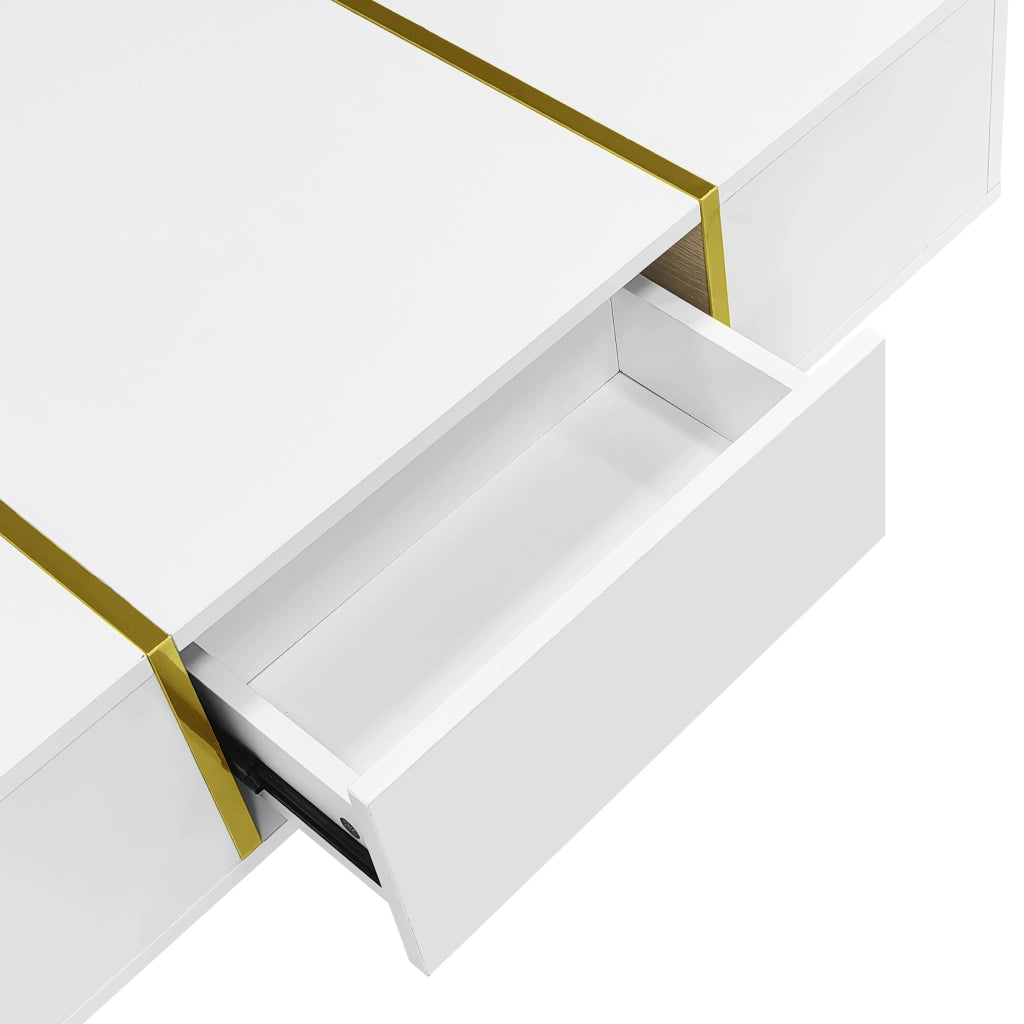 OKWISH Set di 2 Mobili da Soggiorno, Mobile TV e Tavolino con Ante e Cassetti, MDF Bianco Lucido