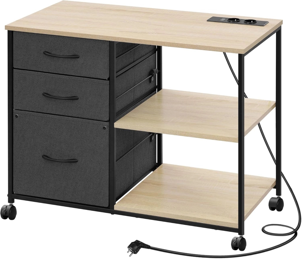 Cassettiera da Ufficio, Armadietto con 3 Cassetti e 2 Ripiani, Schedario da Ufficio con Ruote, Porta Stampante con Sezione di Ricarica, in Legno e Metallo, Rovere Chiaro, ASK07hei