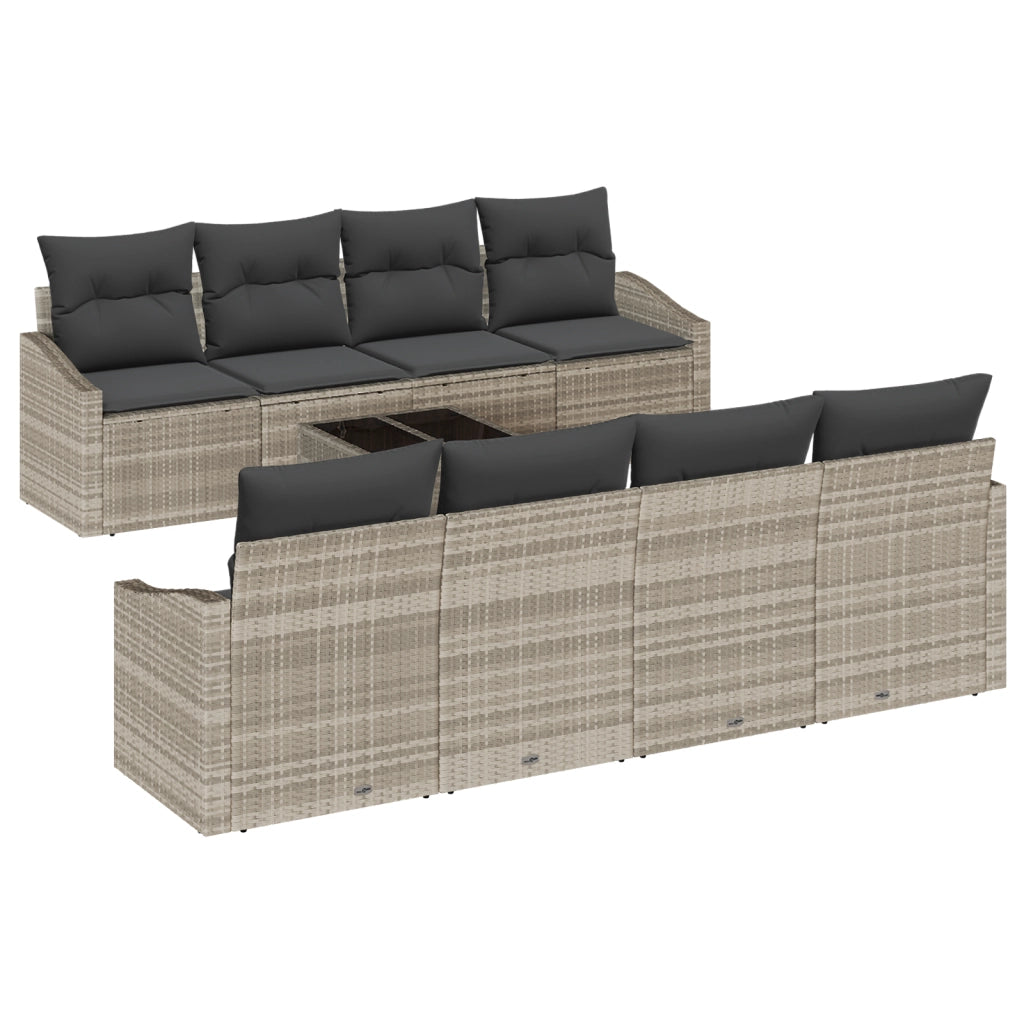 Set divano da giardino 9 pezzi con cuscini grigio chiaro in rattan polimerico