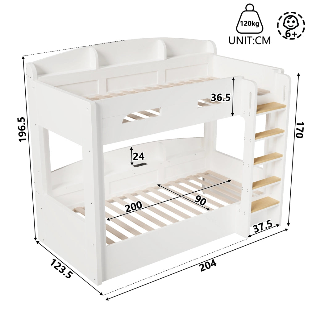Letto a Castello 90x200 cm con USB; Mensole laterali e ripiani; Bianco