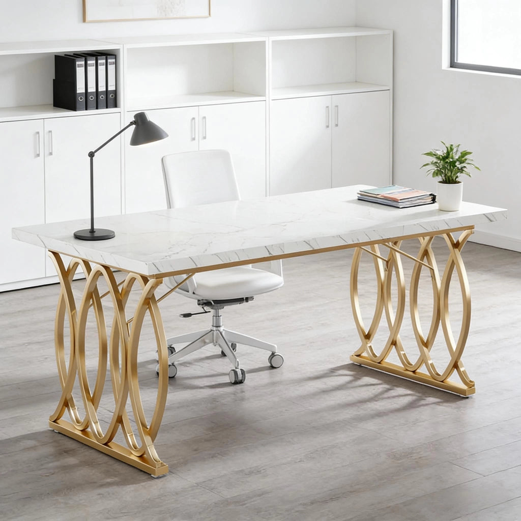 Scrivania lineare con piano effetto marmo e struttura in metallo per ufficio e sala riunioni oro e bianco 160 × 80 cm