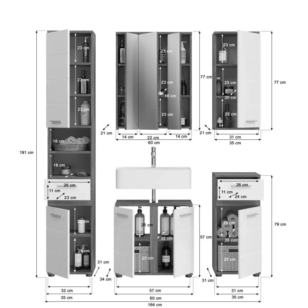 Set di mobili da bagno WILLIAM – Grigio scuro e bianco – 164x191x34 cm – 6 porte, 2 cassetti