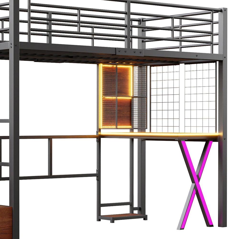 Letto mezzanino 90x200cm - Xylo - nero, armadio, scaffali, luce controllabile