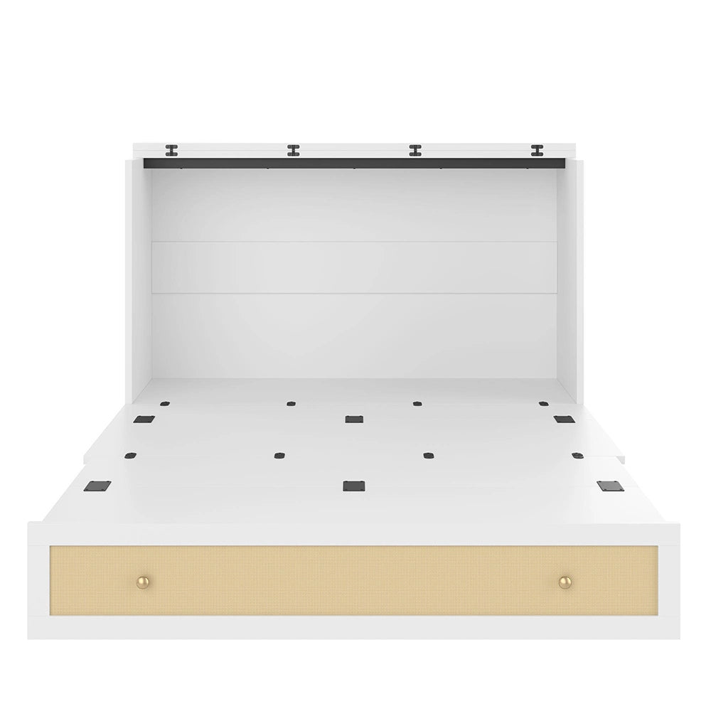 Letto contenitore 140x200 cm - Xylo - con cassetti e ripiano, porte USB e presa, bianco, senza materasso