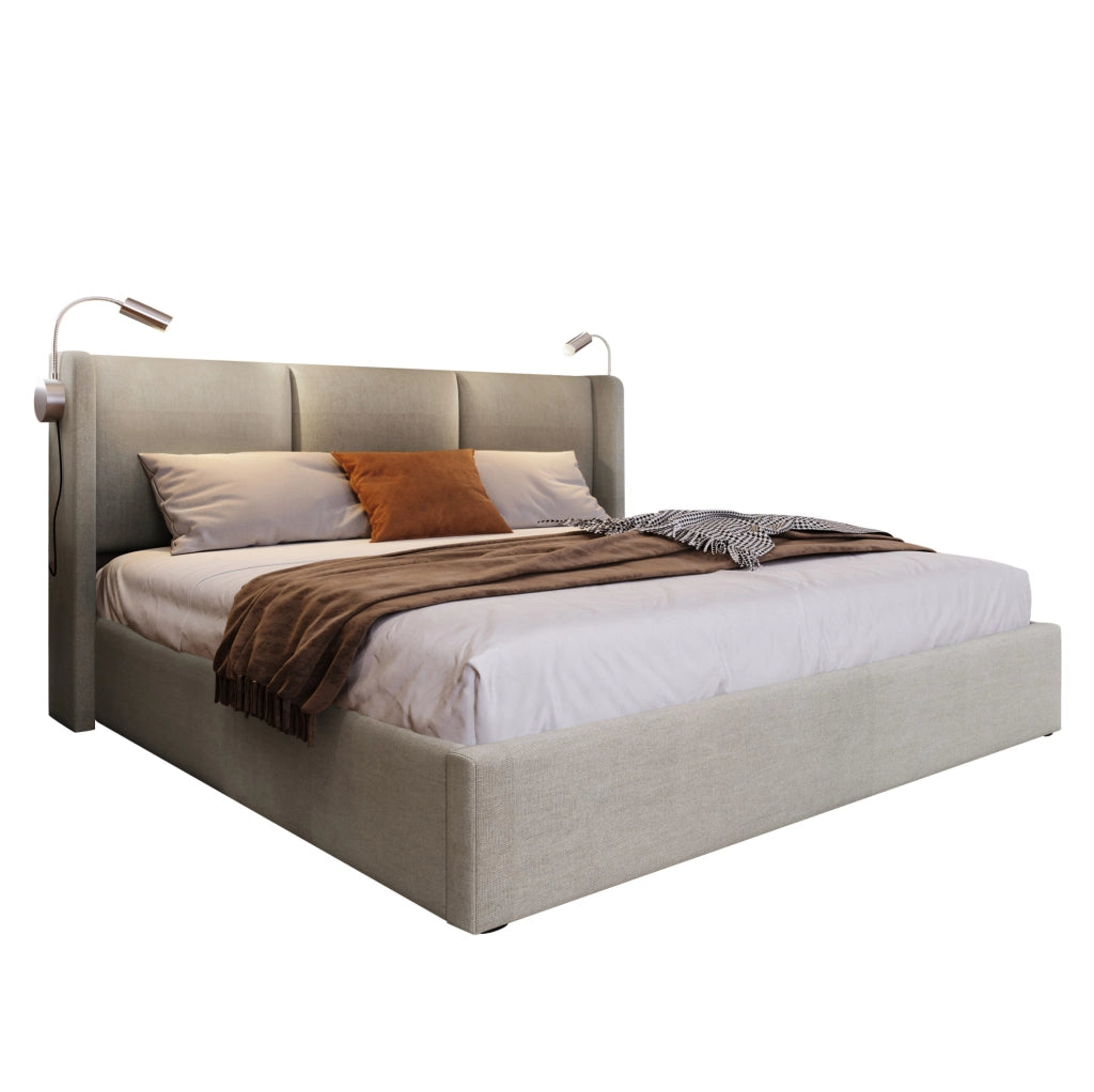 Letto matrimoniale contenitore 160x200 cm in lino beige con luce da lettura e USB