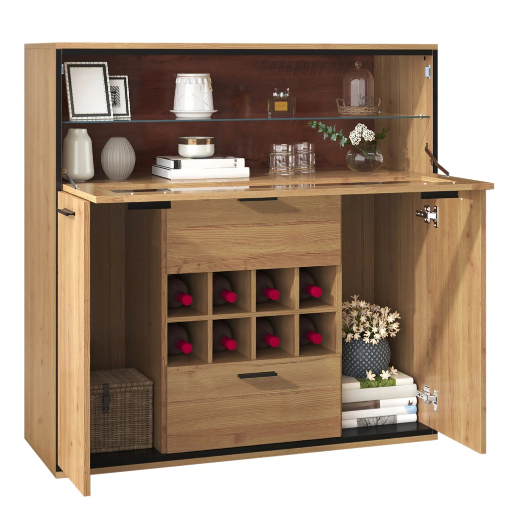 Credenza portavino con LED, 2 ante e divisorio in vetro