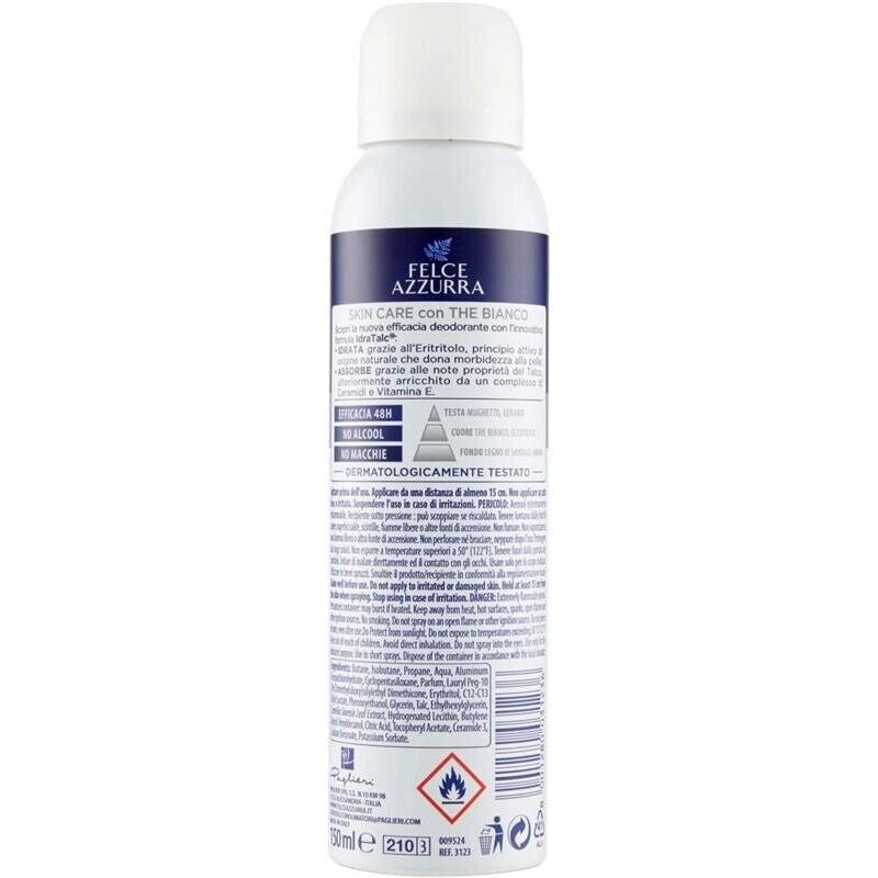 FELCE AZZURRA DEODORANTE SPRAY SKIN CARE CON THE BIANCO FORMULA IDRATALC EFFICACIA 48 ORE 150 ML ANTIMACCHIA