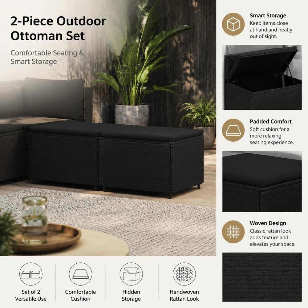 Garden Stools With Cushions, 2 Pieces, Black Poly Rattan